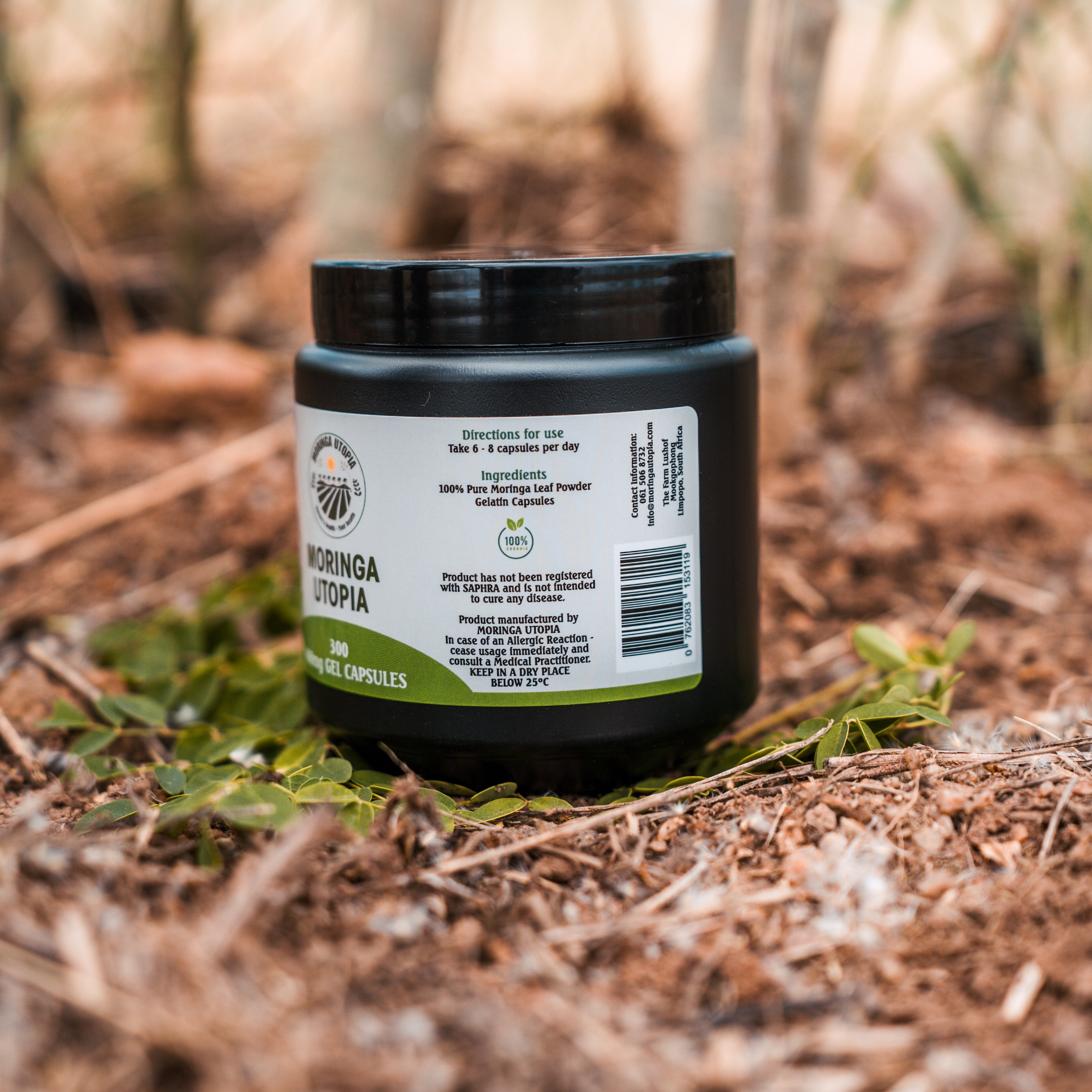 Jar with a label on a forest floor